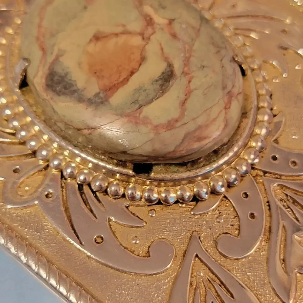 Vintage Brassy Silver-tone Large Belt Buckle‎ Agate 3.75
